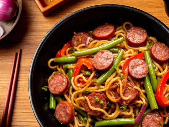 WOK с охотничьими колбасками
